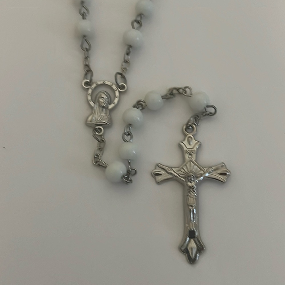 Catholic White Glass Traditional Rosary Beads